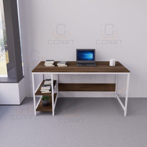 cctv3-0012 -computer-table-walnut-top-storage-shelf-bangladesh.jpg CCTV3-0012 computer tavle with wooden top and white steel frame, featuring built-in side shelves and under-desk rack, ideal for home office, study room, or student workspace in Bangladesh.