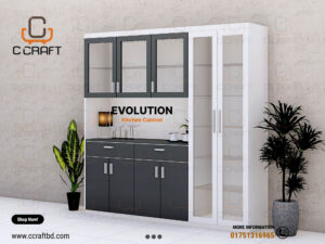 Evolution Kitchen Cabinet CCKCV6‑001 in Bangladesh with spacious drawers, shelves, and glass doors